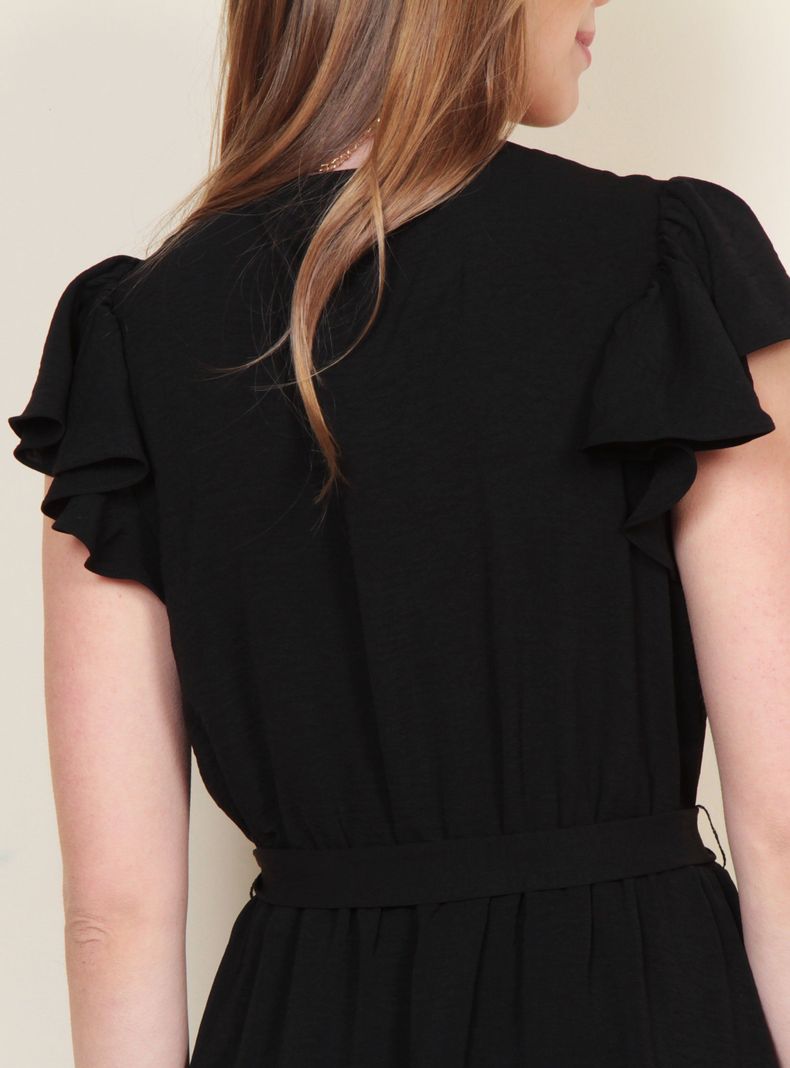 Vestido Manga Corta Sólido con Lazo en Cintura-4