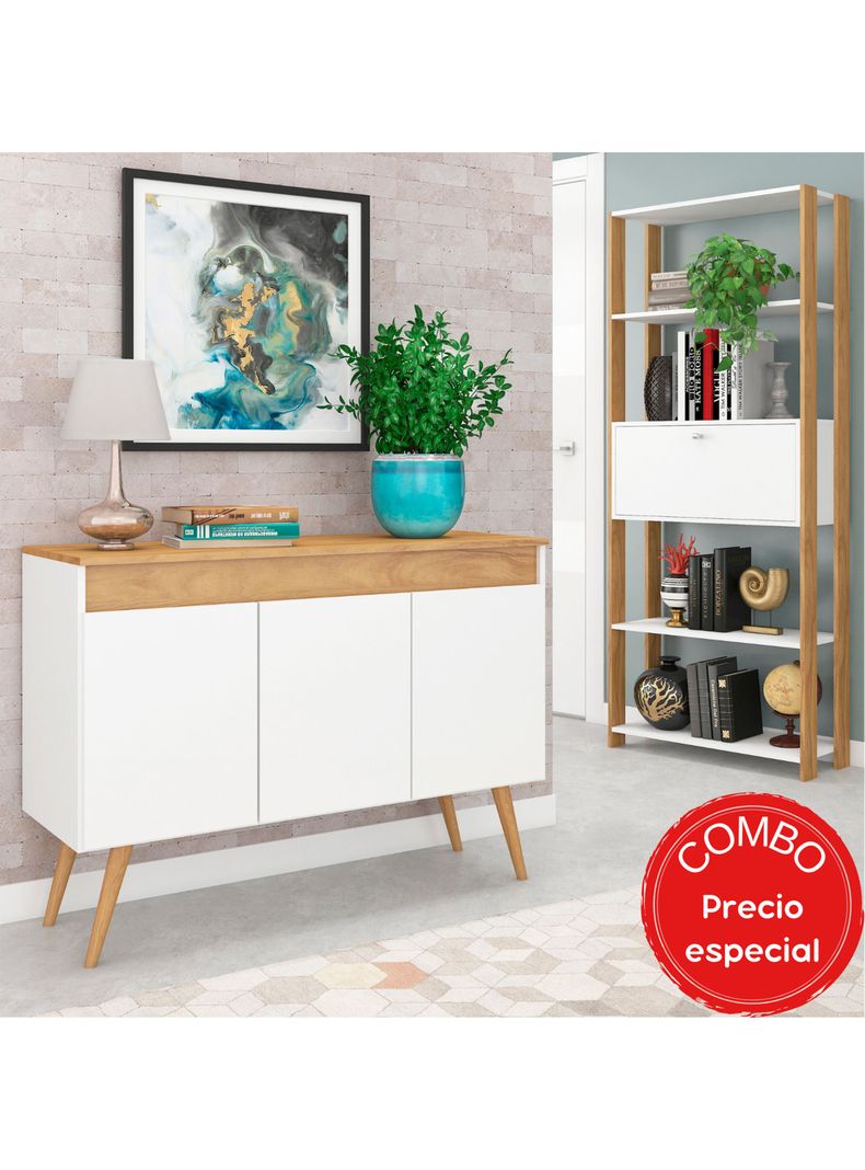 Combo Estante y Buffet Blanco Nogal-4