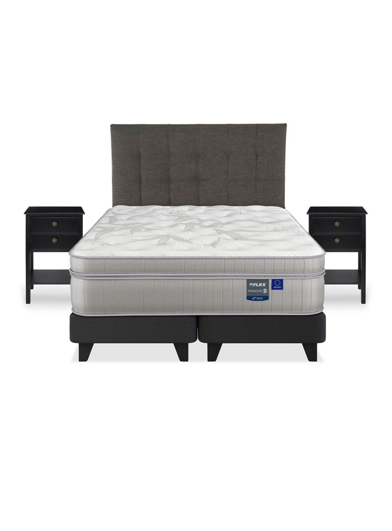 Cama Europea Paradise 2 Plazas Box Base Dividida + Respaldo Design Grafito + 2 Veladores Rover-2