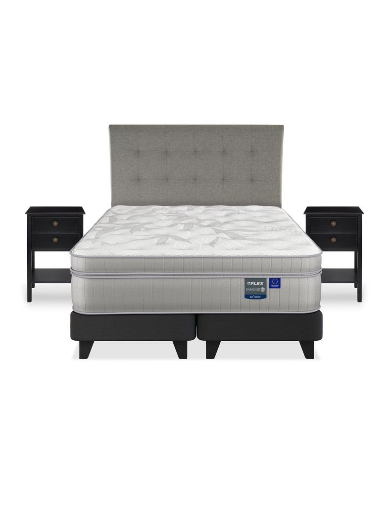 Cama Europea Paradise 2 Plazas Box Base Dividida + Respaldo Design Gris + 2 Veladores Rover-2
