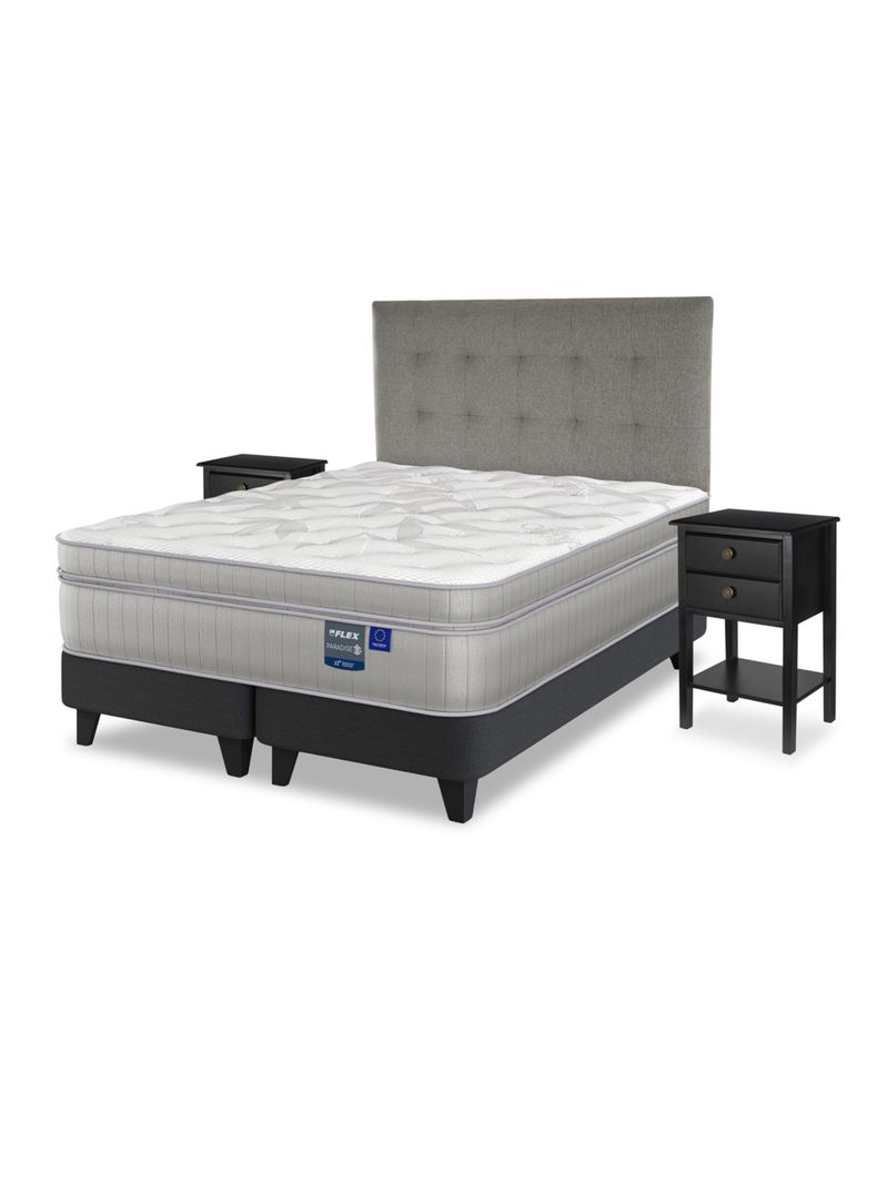 Cama Europea Paradise 2 Plazas Box Base Dividida + Respaldo Design Gris + 2 Veladores Rover-0