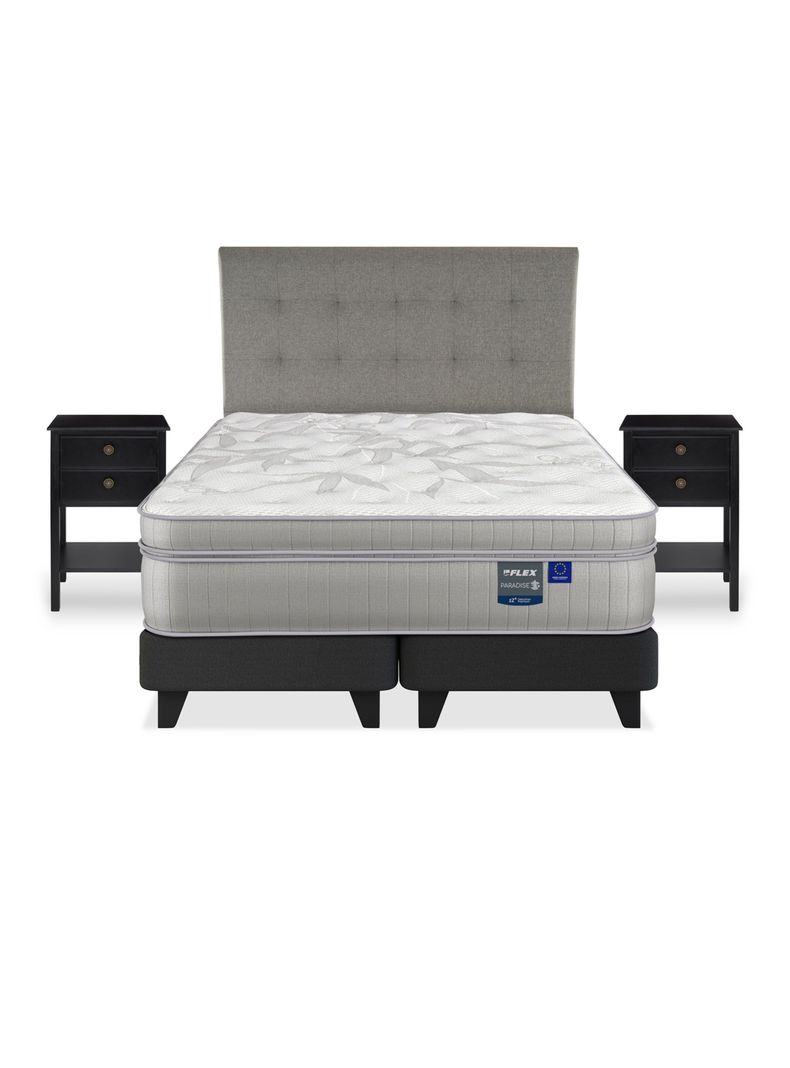 Cama Europea Paradise King + Respaldo Design Gris + 2 Veladores Rover-2